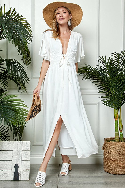 Linen Touch Deep-V Neckline Full Dress