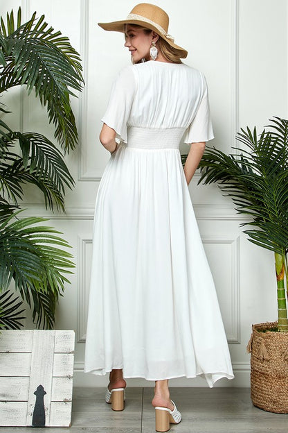 Linen Touch Deep-V Neckline Full Dress