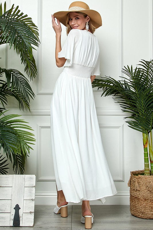 Linen Touch Deep-V Neckline Full Dress