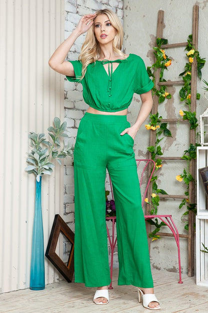 BUTTON DOWN TOP & WIDE LEG PANTS SET