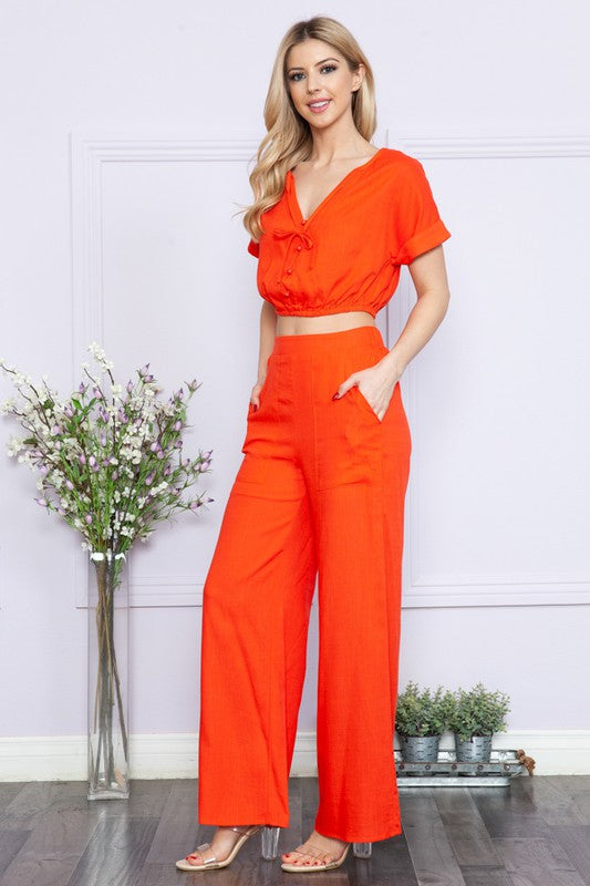 BUTTON DOWN TOP & WIDE LEG PANTS SET