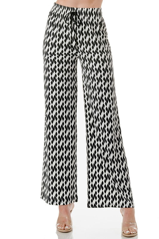 Pattern Print Wide Leg Drawstring Pants