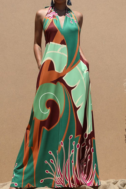 PRINTED HALTER KNIT MAXI DRESS