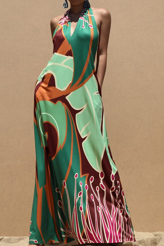 PRINTED HALTER KNIT MAXI DRESS