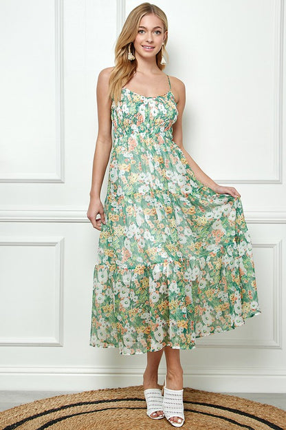 Smocked Chiffon Multi Green Maxi Dress