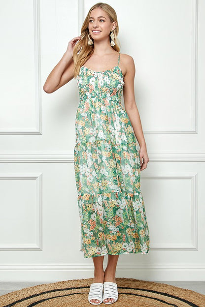 Smocked Chiffon Multi Green Maxi Dress