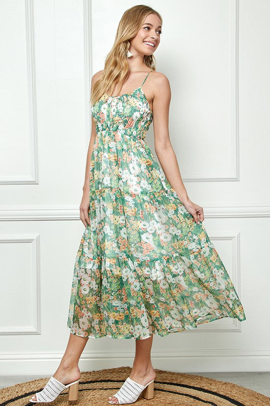 Smocked Chiffon Multi Green Maxi Dress