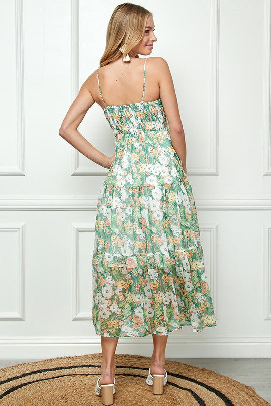 Smocked Chiffon Multi Green Maxi Dress