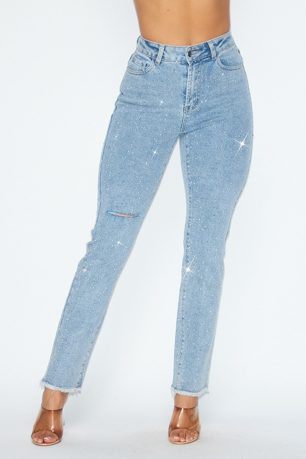 SPARKSRHINESTONE DISTRESSED HIGH RISE DENIM