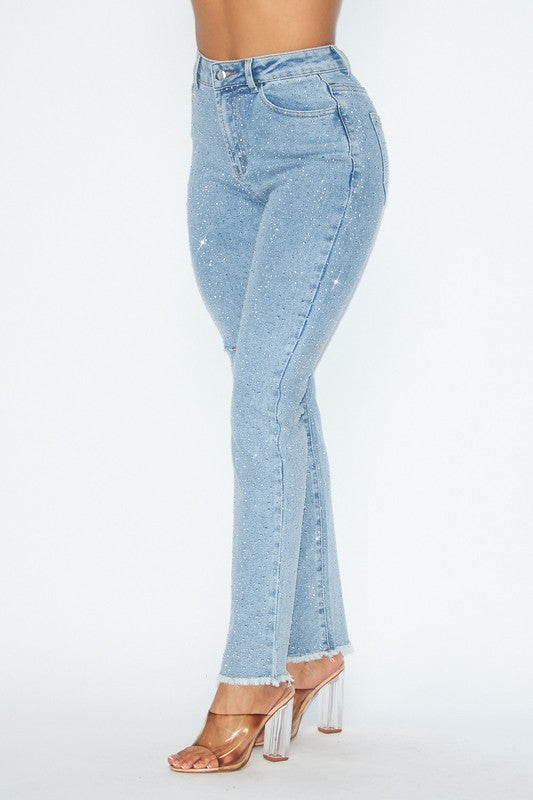 SPARKSRHINESTONE DISTRESSED HIGH RISE DENIM