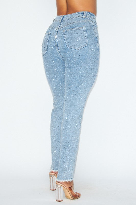 SPARKSRHINESTONE DISTRESSED HIGH RISE DENIM