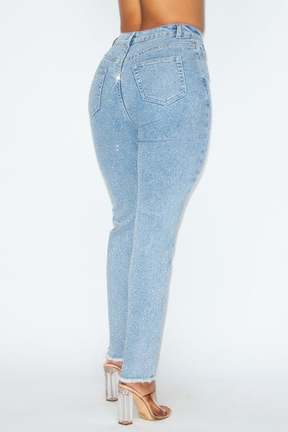 SPARKSRHINESTONE DISTRESSED HIGH RISE DENIM