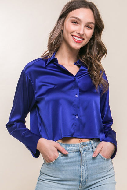 Semi Cropped Satin Long Sleeve Blouse