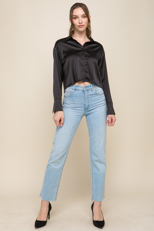 Semi Cropped Satin Long Sleeve Blouse