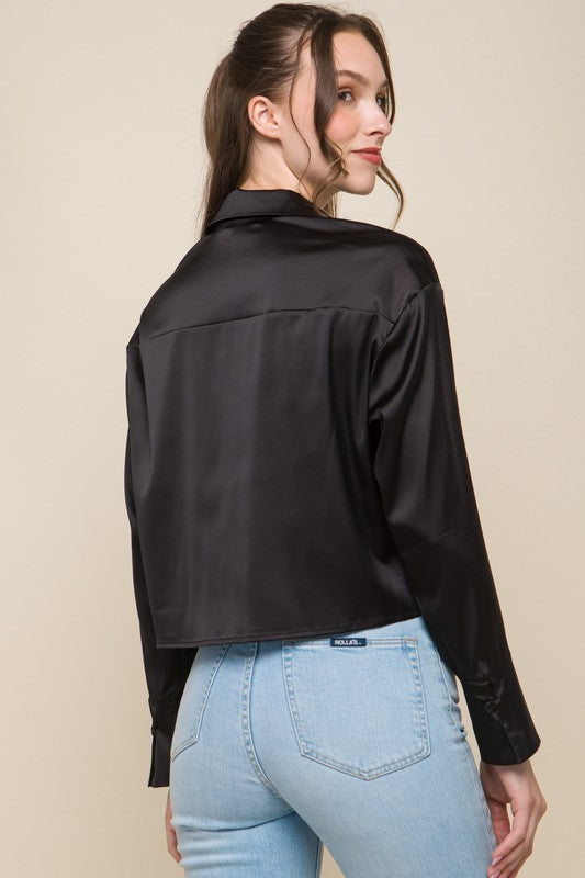 Semi Cropped Satin Long Sleeve Blouse