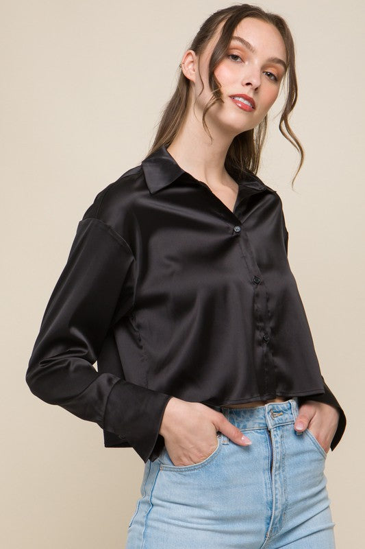 Semi Cropped Satin Long Sleeve Blouse