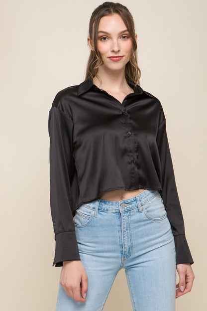 Semi Cropped Satin Long Sleeve Blouse