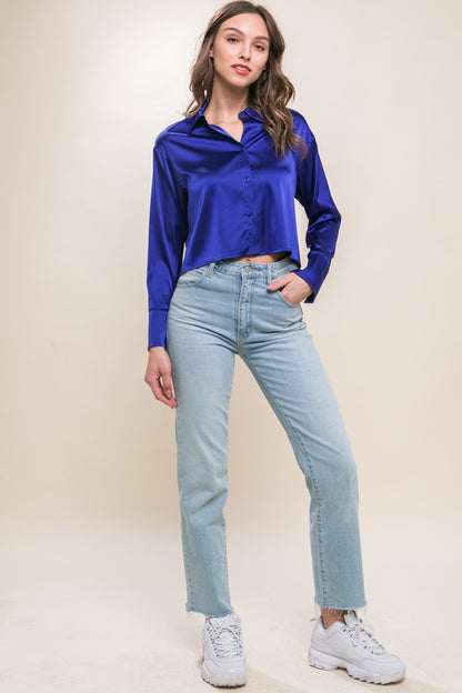 Semi Cropped Satin Long Sleeve Blouse