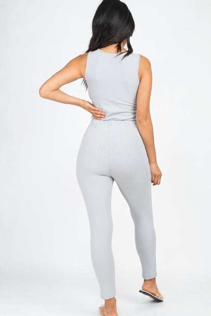 Ribbed Sleeveless Drawstring catsuits Jumpsuit