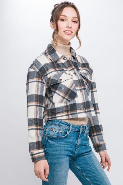 PLAID CROPPED BUTTON DOWN JACKET