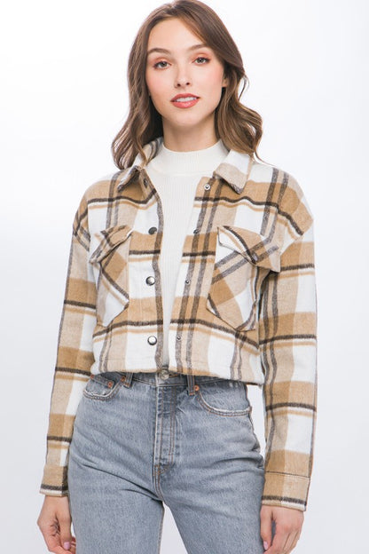 PLAID CROPPED BUTTON DOWN JACKET