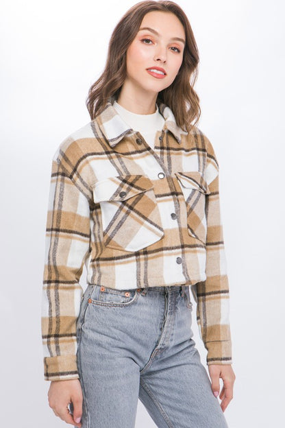 PLAID CROPPED BUTTON DOWN JACKET