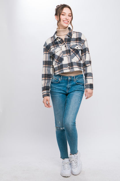 PLAID CROPPED BUTTON DOWN JACKET