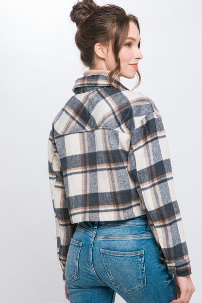 PLAID CROPPED BUTTON DOWN JACKET