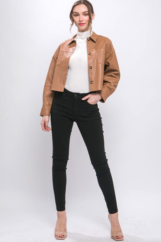 FAUX LEATHER CROPPED BUTTON-DOWN JACKET