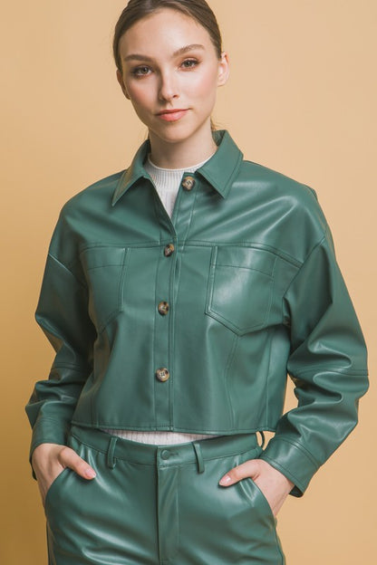 FAUX LEATHER CROPPED BUTTON-DOWN JACKET