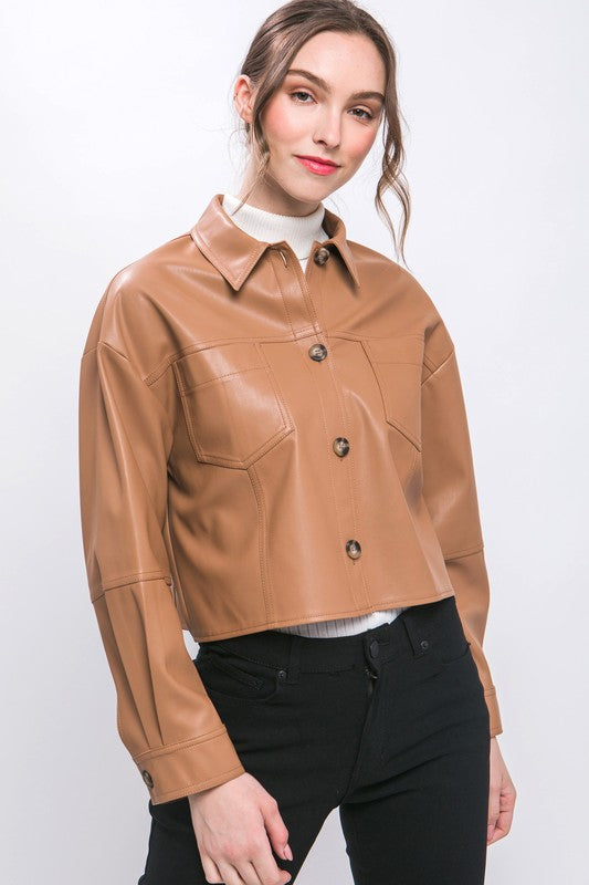 FAUX LEATHER CROPPED BUTTON-DOWN JACKET