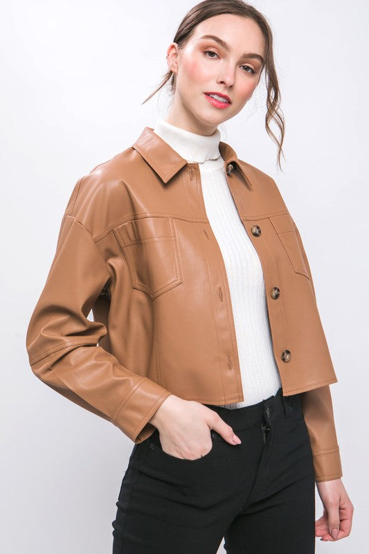 FAUX LEATHER CROPPED BUTTON-DOWN JACKET