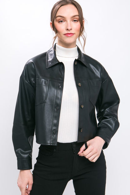 FAUX LEATHER CROPPED BUTTON-DOWN JACKET