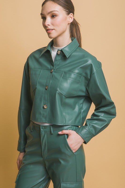 FAUX LEATHER CROPPED BUTTON-DOWN JACKET