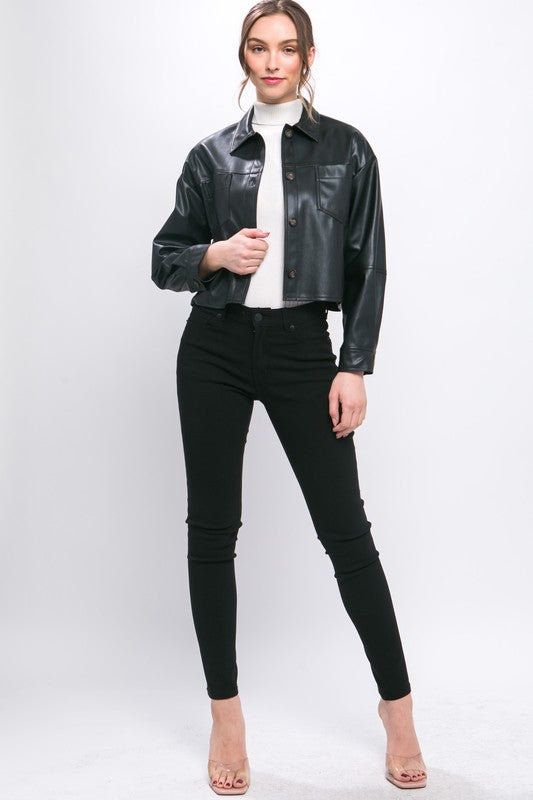 FAUX LEATHER CROPPED BUTTON-DOWN JACKET