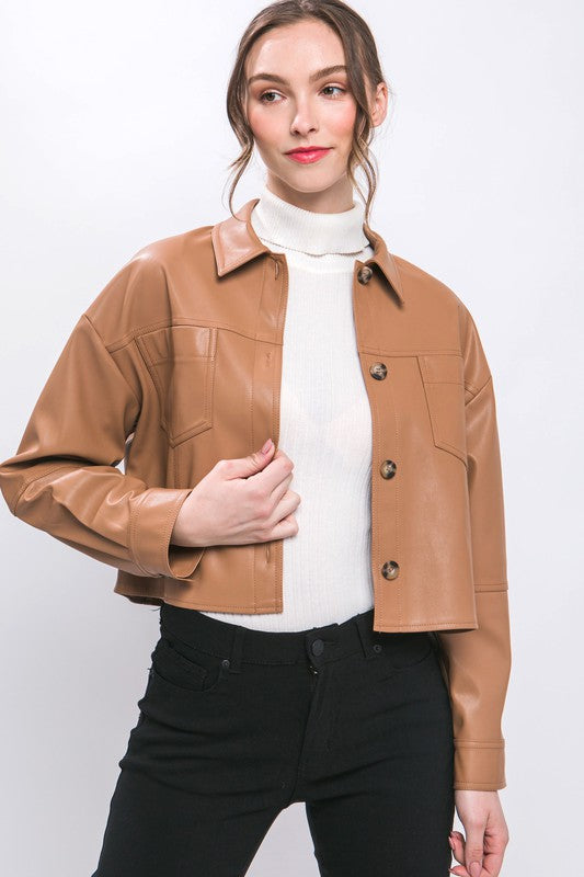 FAUX LEATHER CROPPED BUTTON-DOWN JACKET