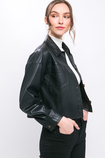 FAUX LEATHER CROPPED BUTTON-DOWN JACKET