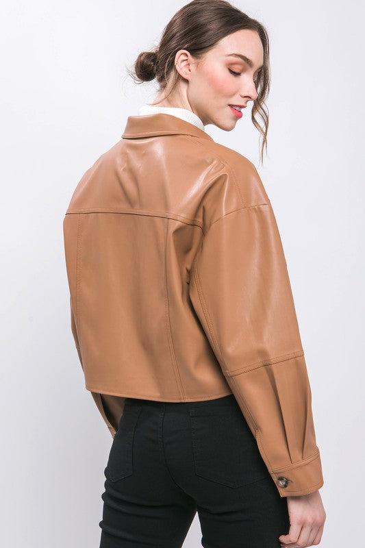 FAUX LEATHER CROPPED BUTTON-DOWN JACKET