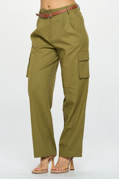 LINEN BELTED DETAIL FLARE PANTS