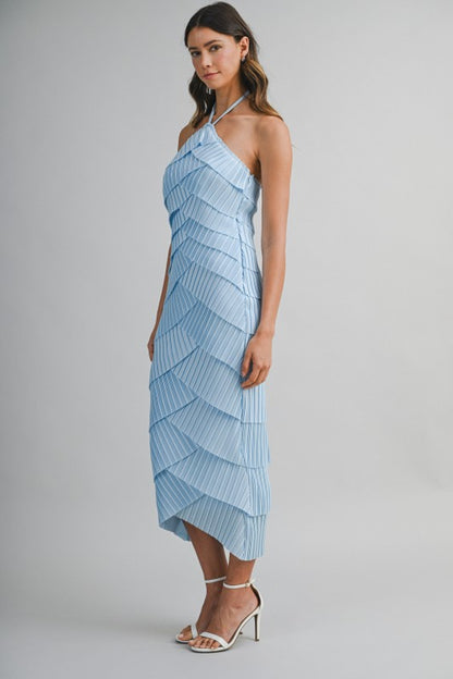 PLEATED HALTER LAYERED DIAGONAL RUFFLE MIDI DRESS