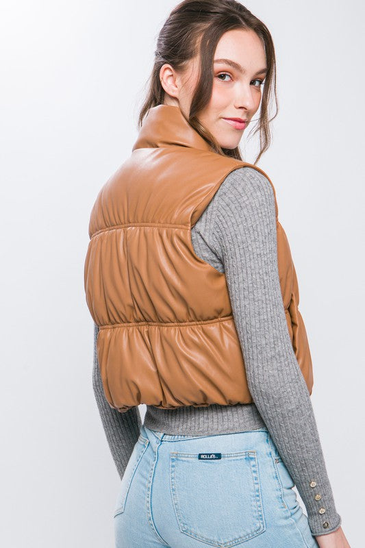 PU FAUX LEATHER PUFFER VEST WITH POCKETS