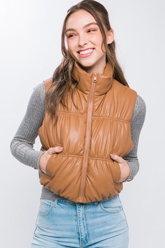 PU FAUX LEATHER PUFFER VEST WITH POCKETS