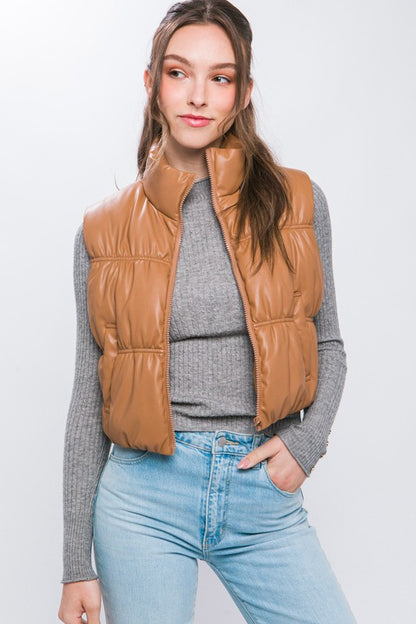 PU FAUX LEATHER PUFFER VEST WITH POCKETS