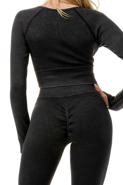 MINERAL WASHED LONG SLEEVE BUTT LIFTED PANTS SET