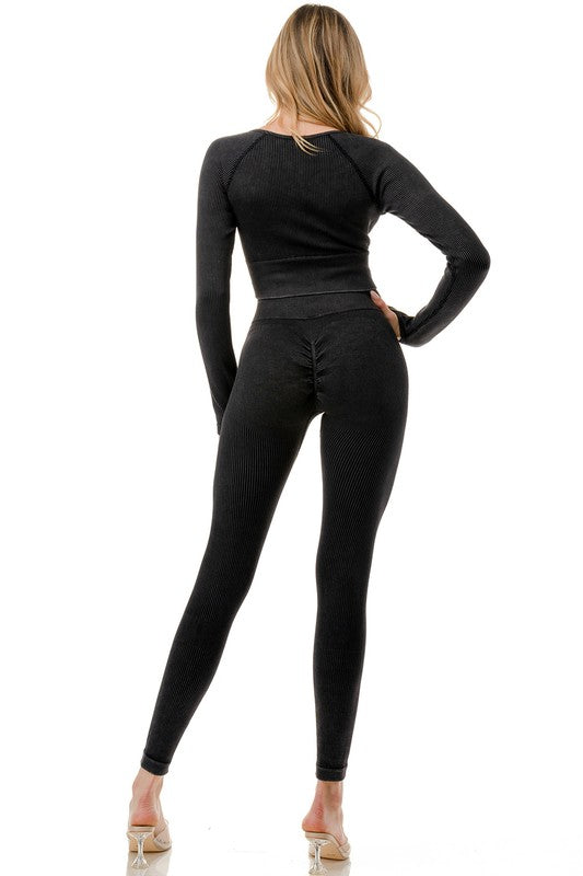 MINERAL WASHED LONG SLEEVE BUTT LIFTED PANTS SET