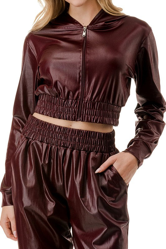 FAUX LEATHER ZIP UP HOODED CROP JACKET SET