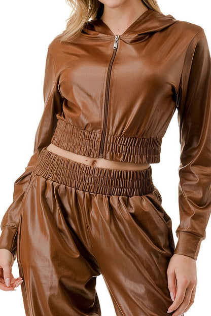 FAUX LEATHER ZIP UP HOODED CROP JACKET SET