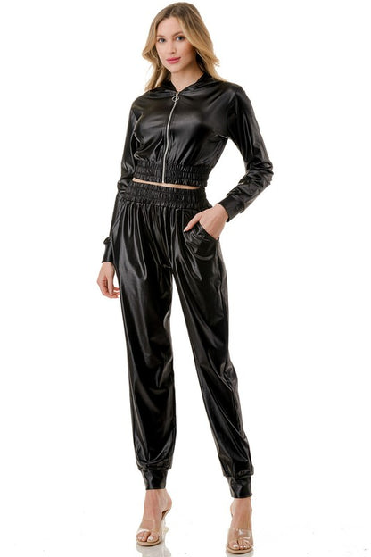 FAUX LEATHER ZIP UP HOODED CROP JACKET SET