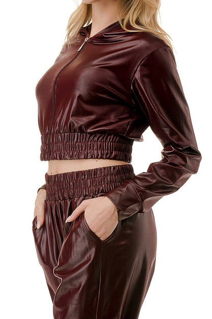 FAUX LEATHER ZIP UP HOODED CROP JACKET SET