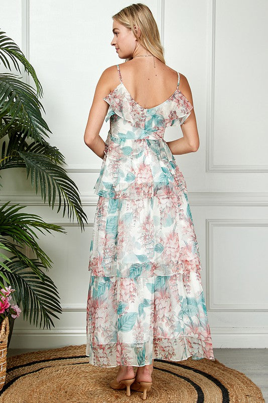 Ruffled Cream Floral Maxi Chiffon Dress